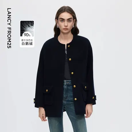 朗姿霍尔多巴吉白鹅绒圆领羊毛毛呢羽绒服修身气质百搭通勤风外套商品大图
