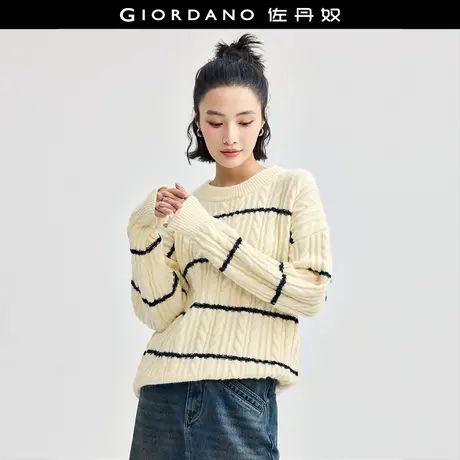 佐丹奴针织衫女装撞色条纹绞花圆领毛织套头针织衫 18354504商品大图