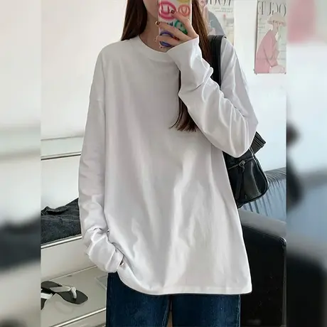 NOW真维斯纯棉白色长袖t恤女2025新款秋冬内搭简约打底衫上衣圆领商品大图
