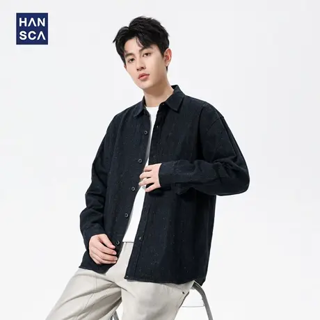 hansca亚麻衬衫男长袖2025新款秋季高级感痞帅立领青少年衬衣外套商品大图