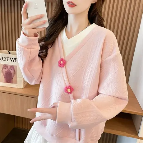 早秋V领卫衣女2025新款春秋季韩版宽松薄款初中生假两件上衣外套商品大图
