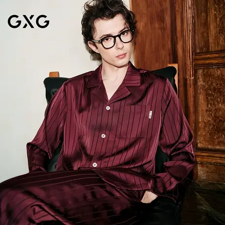 GXG男士家居服 红色条纹肌理长袖衬衫休闲舒适睡衣套装商品大图