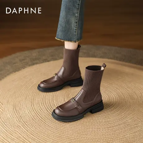 达芙妮棕色弹力针织袜靴2026新款早秋季女士女款小短靴瘦瘦女靴子图片