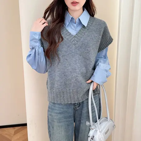 唐狮秋冬新款V领针织衫女毛衣背心灰色马甲毛线坎肩上衣ydTD商品大图