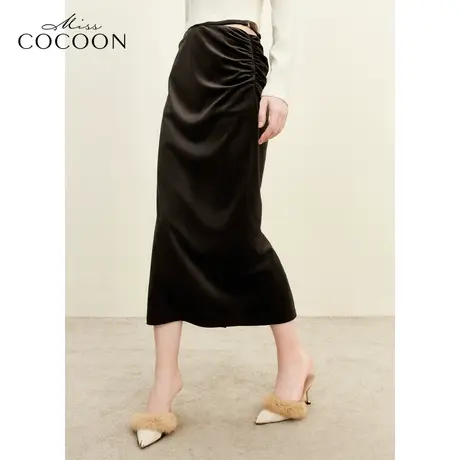 missCOCOON2023老钱风冬装新款女装简约气质OL中长款双色半身裙图片