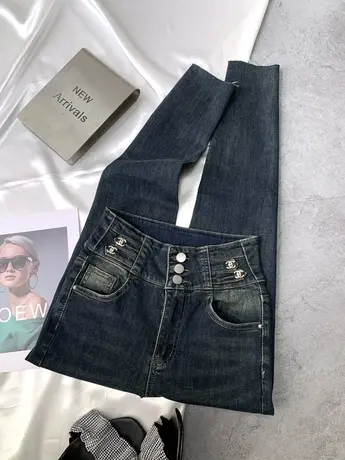 金属装饰排扣牛仔小脚裤2023秋季新款显瘦百搭性感弹力包臀铅笔裤商品大图