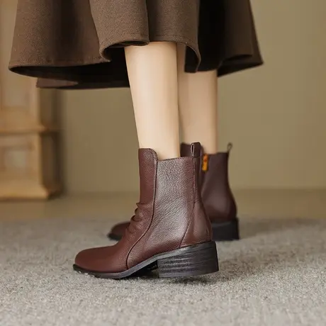 粗跟短靴女2023新款软皮堆堆靴复古中跟女式靴子休闲百搭羊皮鞋靴图片