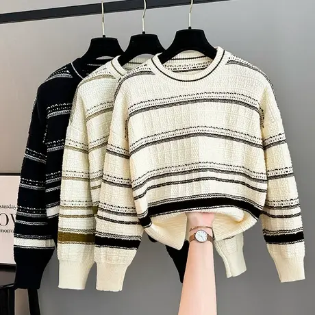 慵懒风撞色条纹圆领套头毛衣女秋冬休闲款式减龄短款针织衫上衣厚商品大图