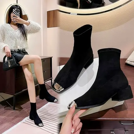 法式小短靴女2023年新款磨砂绒面粗跟瘦瘦靴方头及踝裸靴加绒靴子商品大图