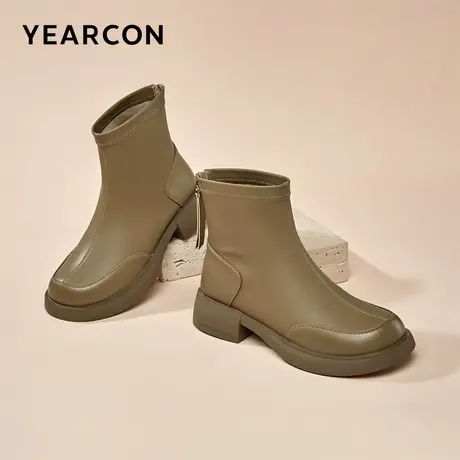 意尔康女鞋2023冬季加绒短筒皮靴女士粗跟复古短靴英伦风瘦瘦靴商品大图
