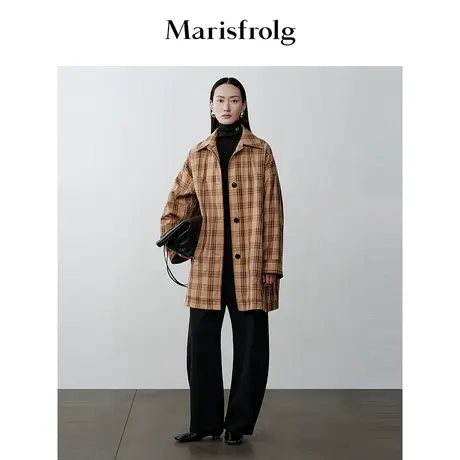 【商场同款】玛丝菲尔2023年冬季新款宽松英伦格纹绵羊毛外套女图片