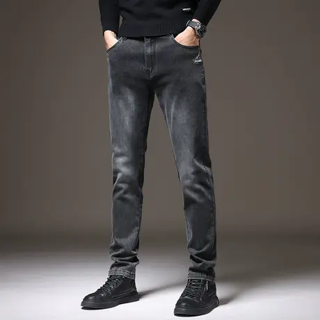 秋冬弹力牛仔裤休闲时尚简约修身直筒简约商务宽松长裤子黑灰色裤商品大图