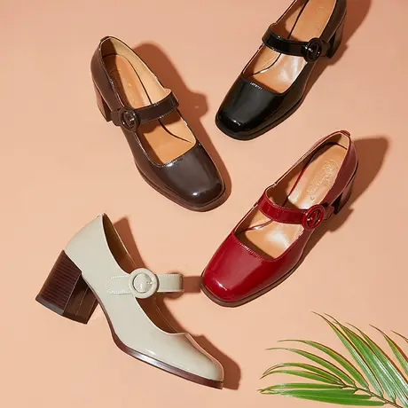 新款女鞋复古玛丽珍红色高跟单鞋女粗跟圆头浅口女士亮皮鞋商品大图