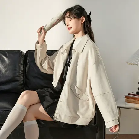 唐狮仿麂皮绒外套女装秋冬气质名媛长袖上衣时尚宽松翻领夹克外套图片