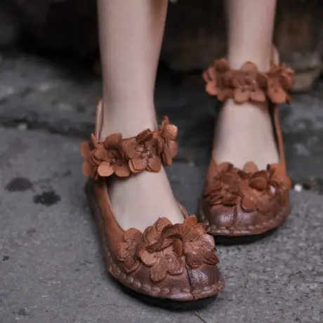 Artmu阿木原创甜美手工花朵牛皮平软底复古森女文艺豆豆鞋女单鞋商品大图