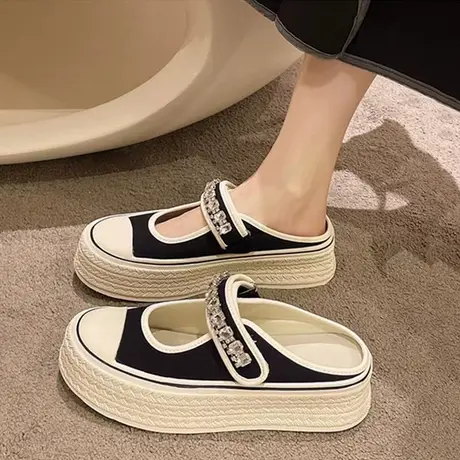 包头半拖鞋女夏外穿2023新款网红懒人一脚蹬水钻厚底半托帆布凉鞋商品大图