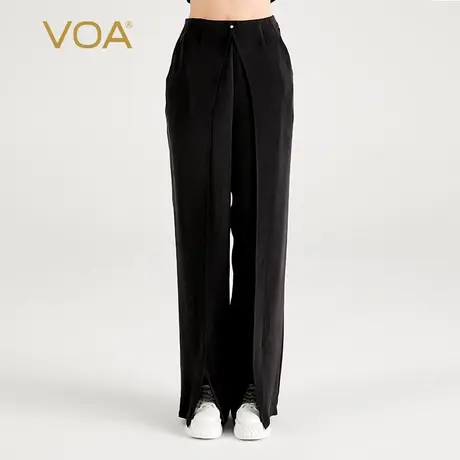 VOA30姆米重磅桑蚕丝黑色自然腰荷叶边口袋显瘦垂感真丝直筒长裤图片