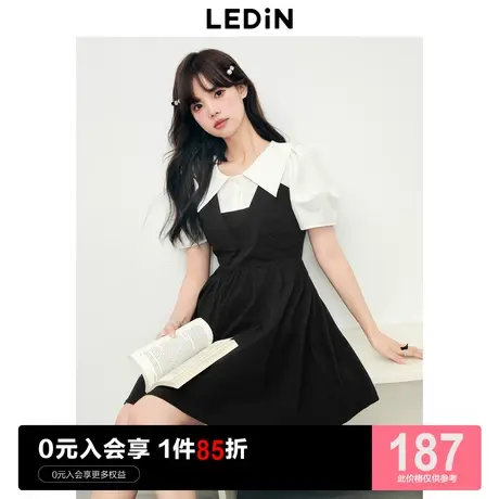 乐町拼色翻领小黑裙2023夏季新款泡泡袖收腰女装裙显瘦通勤连衣裙商品大图