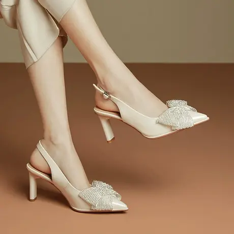 白色蝴蝶结后空凉鞋女粗跟气质尖头里外真皮仙女风时尚优雅高跟鞋商品大图