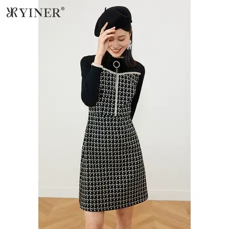 YINER音儿线上专选女装冬季复古千鸟格针织连衣裙图片