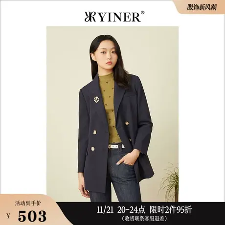 YINER音儿女装春季时尚通勤藏蓝色双排扣西装短外套商品大图