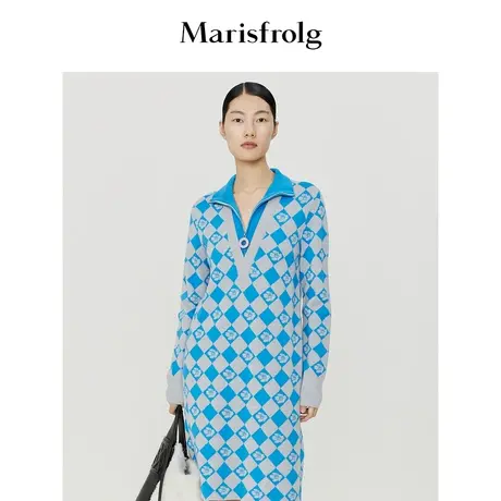 【商场同款】玛丝菲尔冬季新款亮蓝色三色堇棋盘格双层领针织裙商品大图