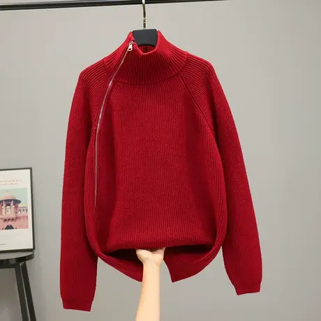 22128新款韩版宽松拉链套头针织衫毛衣女士百搭上衣纯色打底衫商品大图