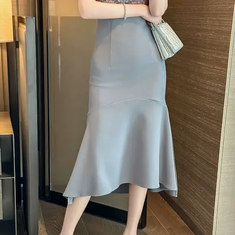 气质百搭高腰垂感半身裙女2024新款夏天赫本风通勤小众包臀鱼尾裙商品大图