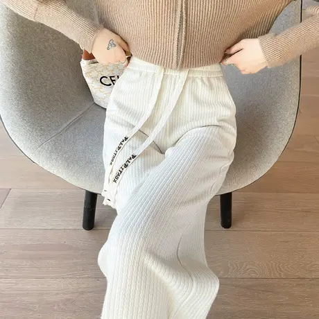 米白色雪尼尔窄版阔腿裤女春秋羊绒高腰显瘦垂感休闲直筒拖地裤子图片