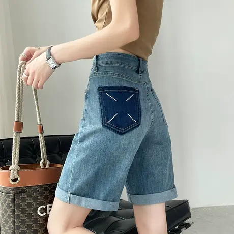 浅蓝色牛仔短裤女夏季薄款宽松复古高腰a字显瘦五分直筒阔腿中裤商品大图