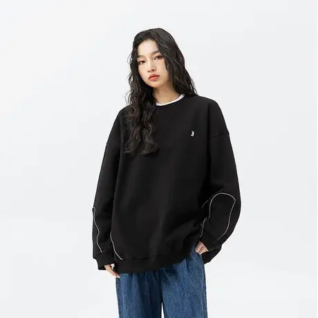 2023新款黑色圆领卫衣女ins潮春秋薄款设计感宽松慵懒风情侣上衣商品大图