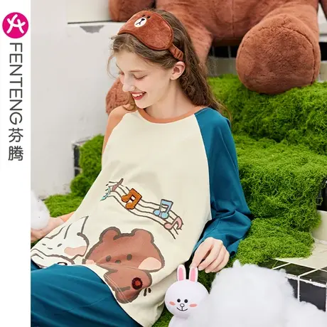 芬腾布朗熊睡衣女春秋季长袖纯棉圆领套头可爱宽松全棉家居服套装商品大图