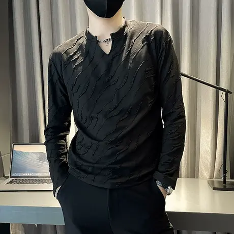 2023秋冬季个性潮牌长袖T恤打底衫纯色不规则条纹设计感小众体恤商品大图