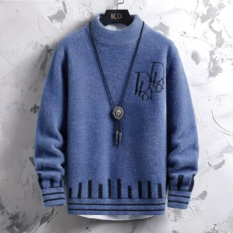 水貂绒毛衣男士半高领打底衫加绒加厚青少年保暖羊毛衫秋冬季线衣商品大图