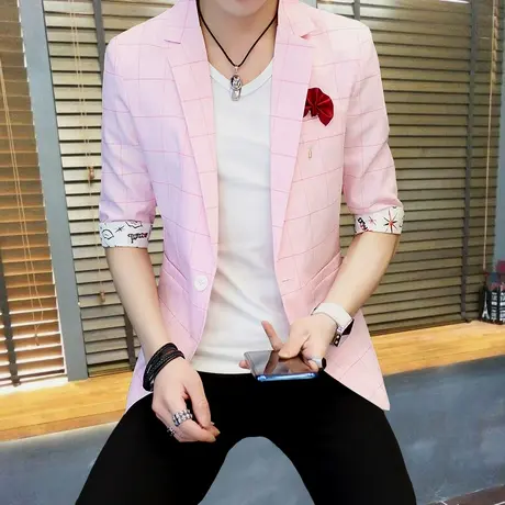 春夏季格子薄款外套男士修身时尚中袖西服潮韩版休闲七分袖小西装商品大图