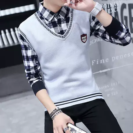 假两件针织毛衣男衬衫领秋季新款男装长袖T恤外穿上衣潮百搭外套商品大图