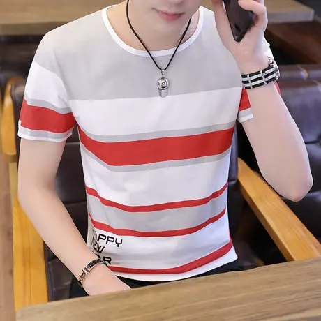 2023夏季男士圆领潮流条纹体恤韩版修身冰丝短袖T恤男青年打底衫商品大图