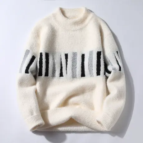 秋冬季加厚保暖毛线衣圆领植绒男士毛衣男针织衫打底衫秋装上衣商品大图