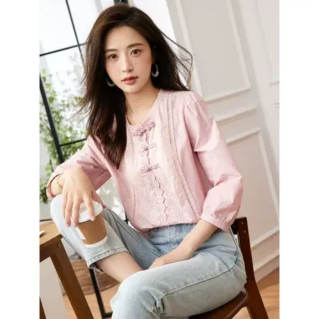 时尚气质盘扣中长袖衬衫女士2023年秋季新款国风温柔显瘦上衣图片