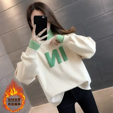 假两件高领加绒卫衣女加厚冬2021年秋冬新款宽松韩版慵懒风上衣潮图片