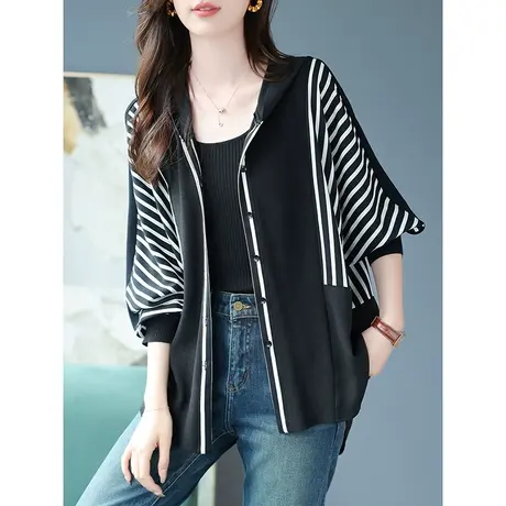 宝诗黎连帽条纹针织拼接衬衫2024春季新款蝙蝠长袖宽松开衫上衣女商品大图