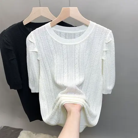 圆领泡泡袖针织衫女2023春夏秋新款镂空外穿宽松上衣短袖t恤衫潮商品大图