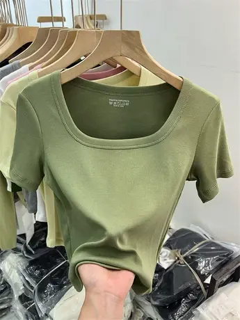 法式纯色方领打底衫短袖女2023春夏新款螺纹修身T恤锁骨针织上衣商品大图