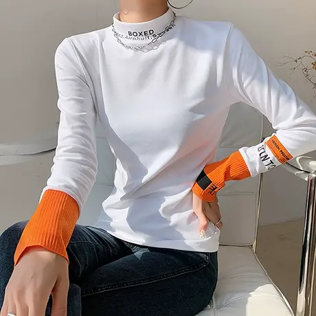 加绒加厚打底衫女秋冬内搭半高领撞色长袖T恤设计感小众上衣修身商品大图