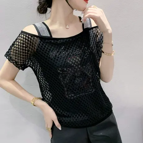 蕾丝拼接短袖T恤女设计感小众假两件上衣性感一字领体恤宽松小衫商品大图