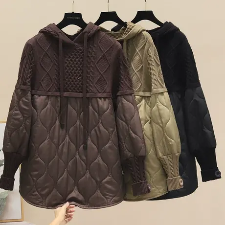 秋冬新款时尚欧版中长款连帽针织衫拼接羽绒棉宽松连帽显瘦毛衣女图片