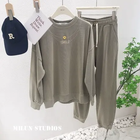 2022秋装新款韩版ins笑脸卫衣休闲裤两件套装华夫格运动宽松大码商品大图