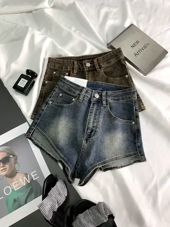 韩版高腰牛仔短裤女2023年夏季新款复古弹力包臀阔腿显瘦辣妹热裤商品大图