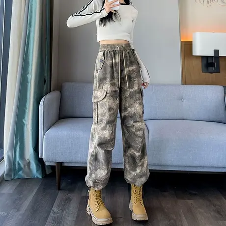 美式复古迷彩工装裤女2023秋季新款宽松休闲直筒阔腿束脚运动裤子商品大图