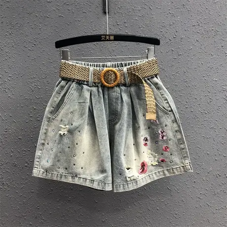 欧货洋气刺绣牛仔短裤女2024夏季新款松紧腰高腰宽松a字阔腿热裤图片